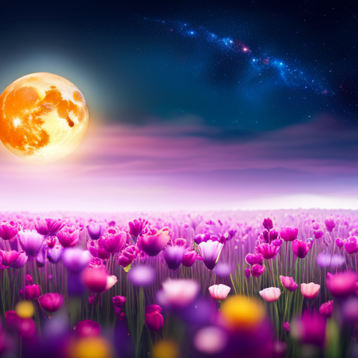 An image featuring a serene, starlit night sky where a radiant, full moon illuminates a blooming garden filled with vibrant, blossoming flowers, symbolizing the diverse dream symbols associated with pregnancy