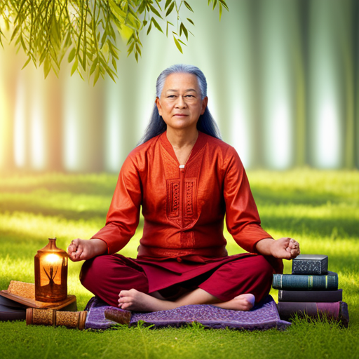 An image featuring a serene setting, with a person sitting cross-legged under a vibrant willow tree, surrounded by a variety of mystical symbols and ancient books, while a gentle breeze stirs the leaves