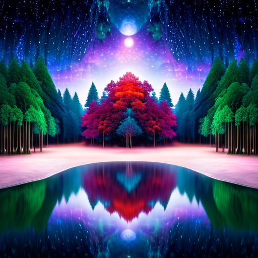 An image that captures the ethereal essence of a moonlit forest, where swirling nebulae dance above a tranquil pond, reflecting a kaleidoscope of surreal dreamscapes that mirror the subconscious mind's mysterious wanderings