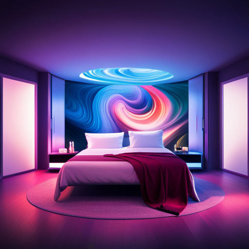 An image of a serene bedroom at night, with a sleeping figure surrounded by a swirl of vibrant colors, symbolizing a plethora of vivid dreams merging with reality