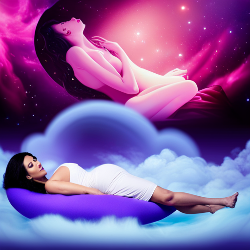 An image featuring a serene pregnant woman reclining on a cloud-shaped bed, surrounded by a surreal dreamscape