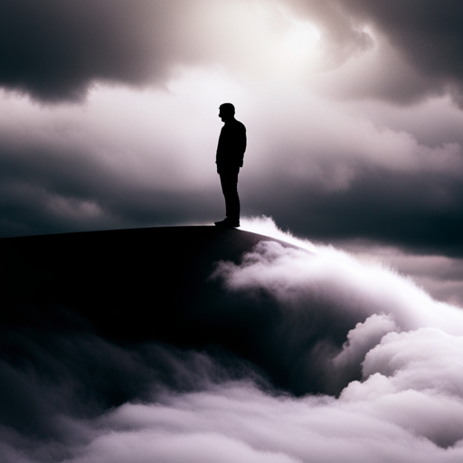 An image depicting a person standing at the edge of a dark abyss, surrounded by swirling storm clouds
