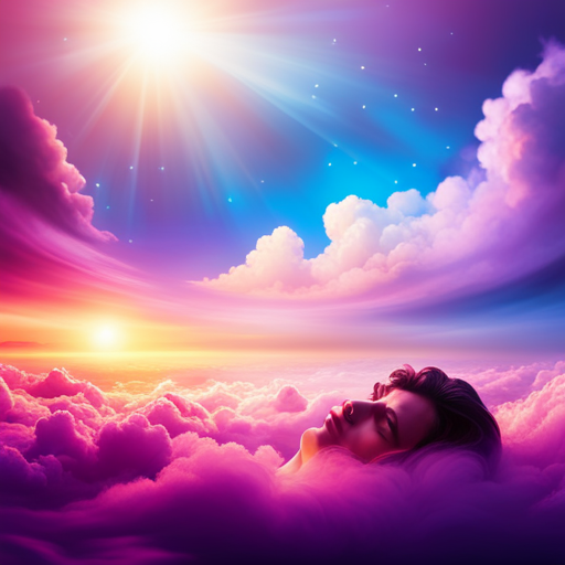 An image featuring a peacefully sleeping individual surrounded by a surreal dreamscape, filled with vibrant colors and fantastical elements like floating clouds, flying birds, and shimmering stars to explore the phenomenon of heavy sleep and vivid dreams