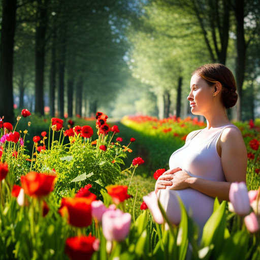 An image of a slumbering pregnant woman, surrounded by a vibrant garden of blooming flowers and whimsical creatures, with her mind manifesting dreamscapes that dance through the air, reflecting the mysterious phenomenon of vivid dreams in early pregnancy