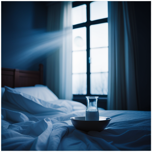 An image of a serene, moonlit bedroom where a slumbering figure is surrounded by ethereal wisps of dreams escaping from a glass of milk, delicately intertwining with the moonlight pouring in through the window