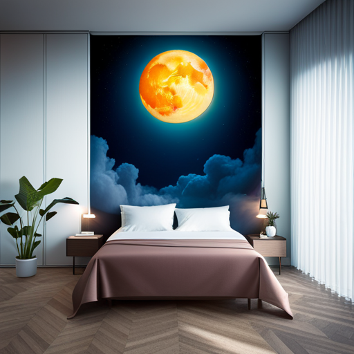 An image showing a serene night sky, with a glowing full moon casting a soft light on a peaceful bedroom