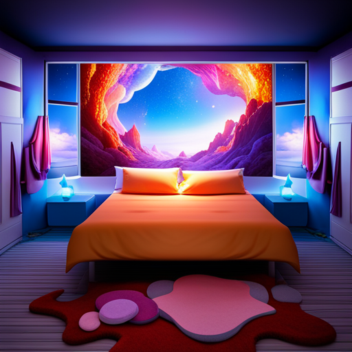 An image depicting a serene bedroom scene with a sleeping individual surrounded by a surreal dreamscape