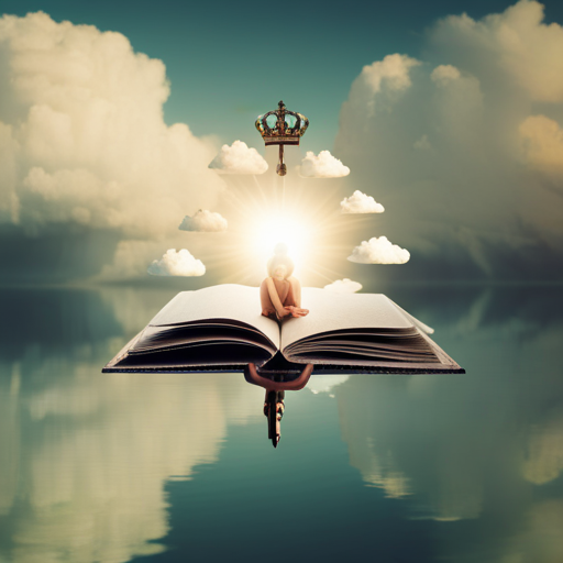 An image of a person floating on a cloud, surrounded by a collage of surreal and symbolic elements like a key, a crown, a mirror, and an open book, representing the intricate world of wish-fulfillment and dream symbols