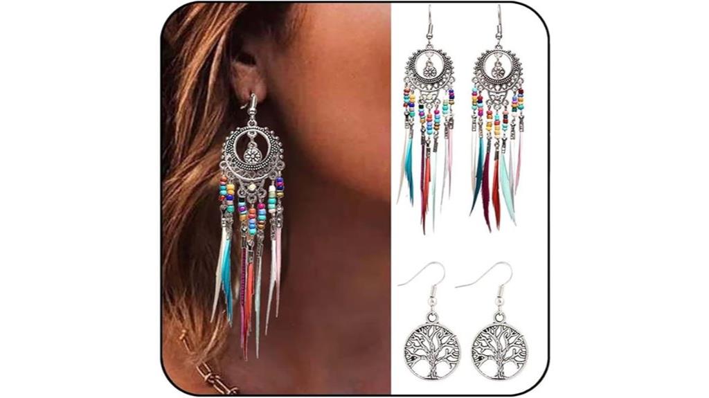 boho tree feather earrings