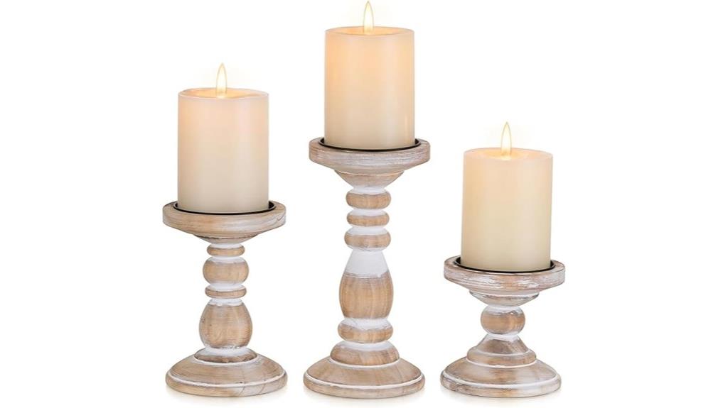 three wooden candle holders